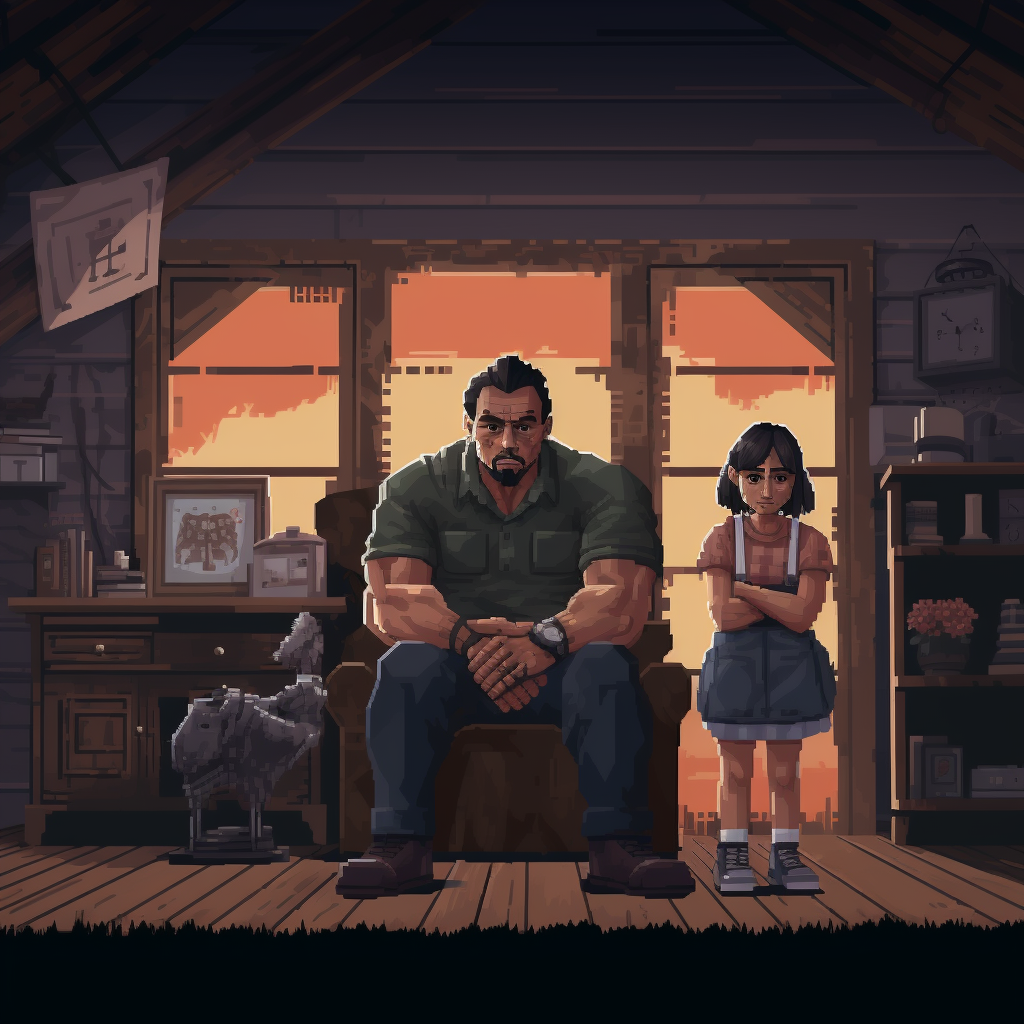 Retro horror game style dad and daughter family photo