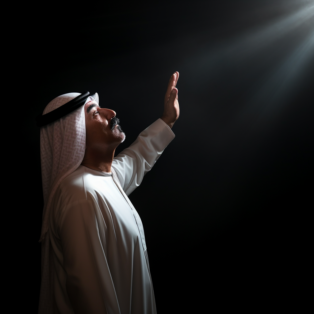 Kuwaiti man raising hand in dark background