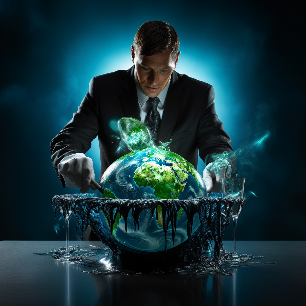 Man in dark suit sticking fork into globe