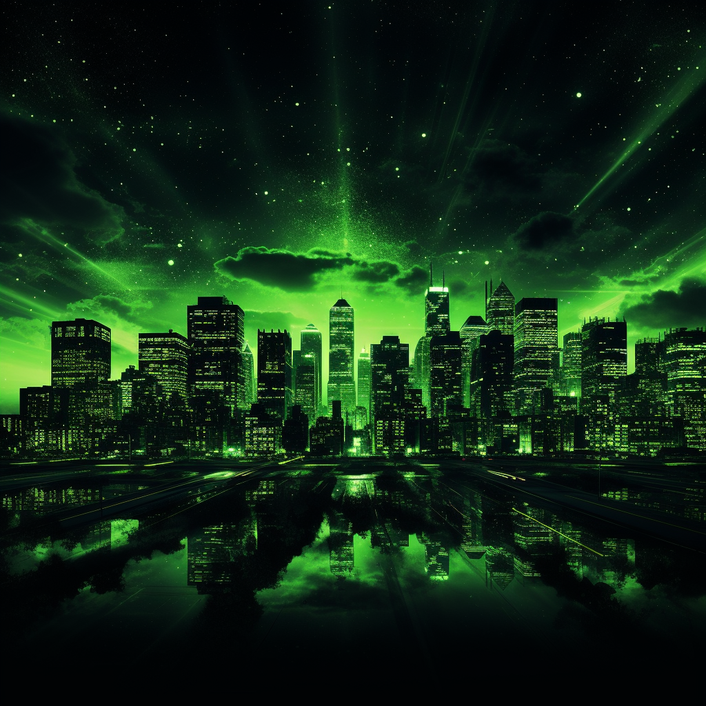 Dark textured city skyline on neon green background