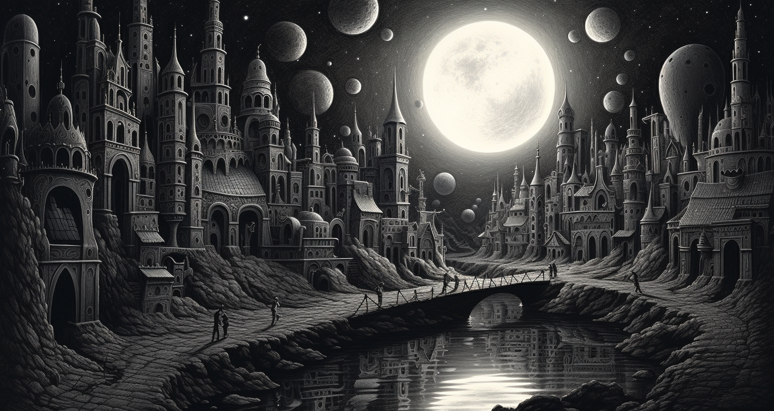 Dark city silhouette with moon by Jacek Yerka