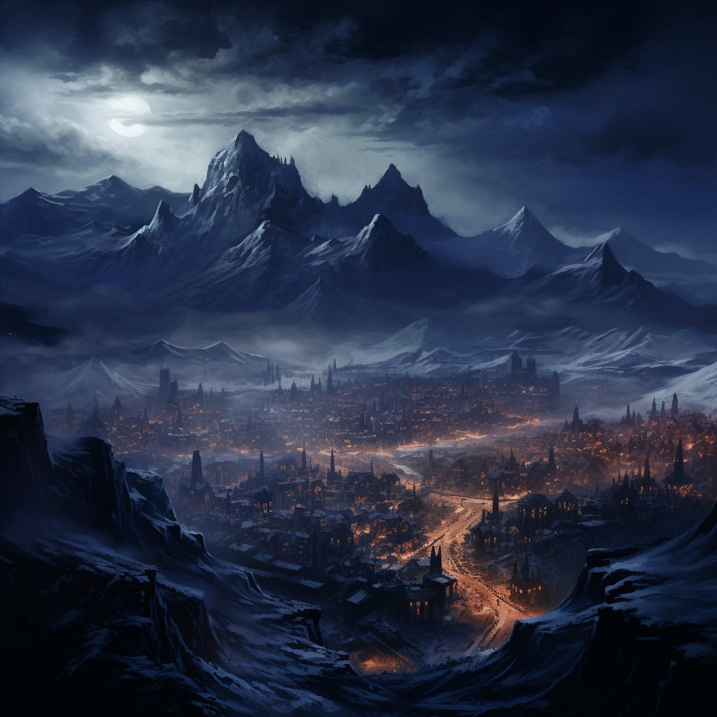 Dark city in front of snowy mountains