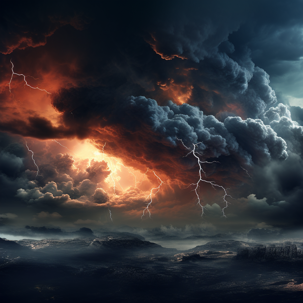 Apocalyptic dark clouds and lightning striking on a different planet