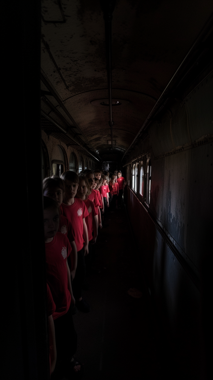 Children in Red Shirts on Dark Creepy Train