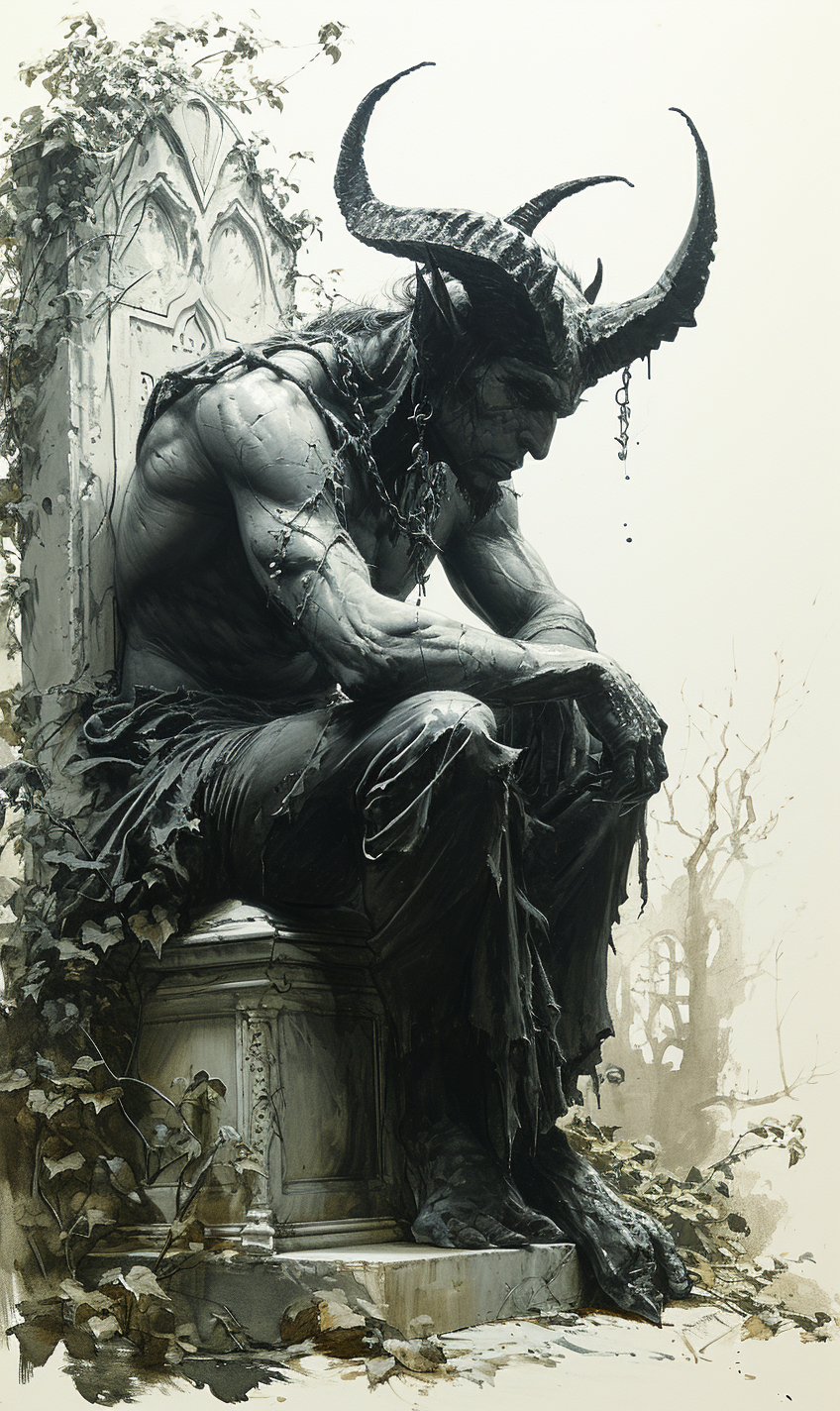 Detailed illustration of dark demon on granite headstone