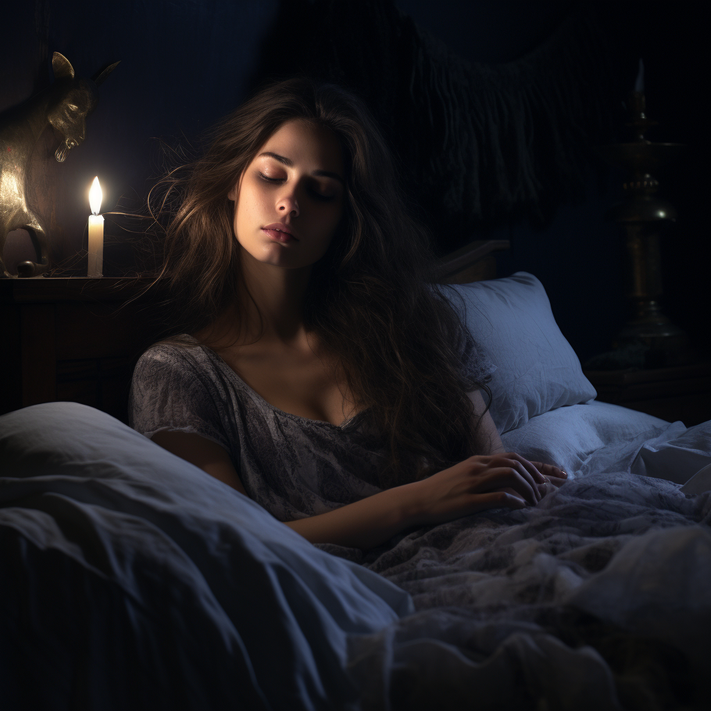 Young woman sleeping in dark dreamy bedroom