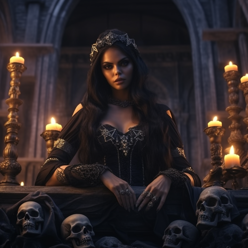 Beautiful goddess in dark fantasy cathedral