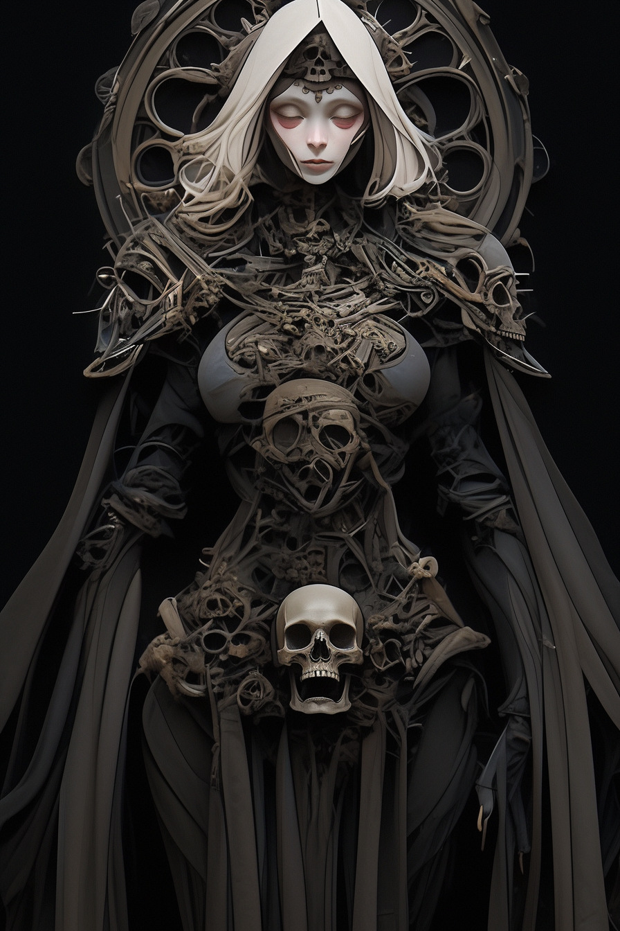 Mysterious dark fantasy female necromancer in unique body suit