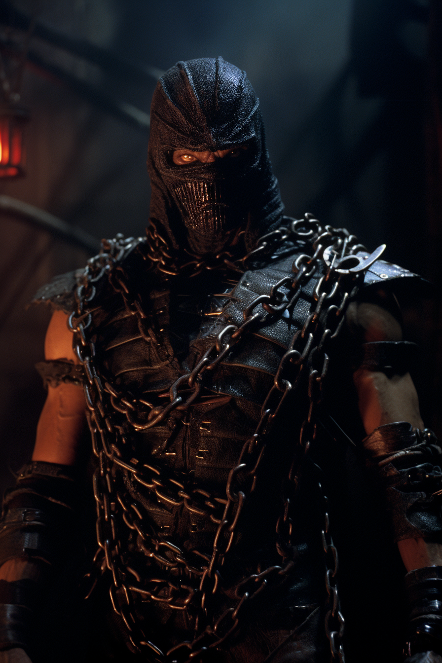 Scorpion from Mortal Kombat X holding a chain in hell
