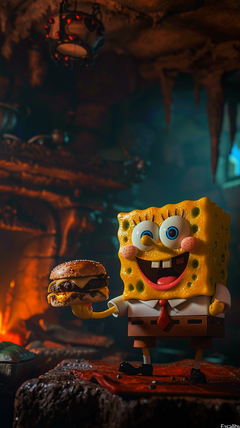 SpongeBob holding Krabby Patty burger