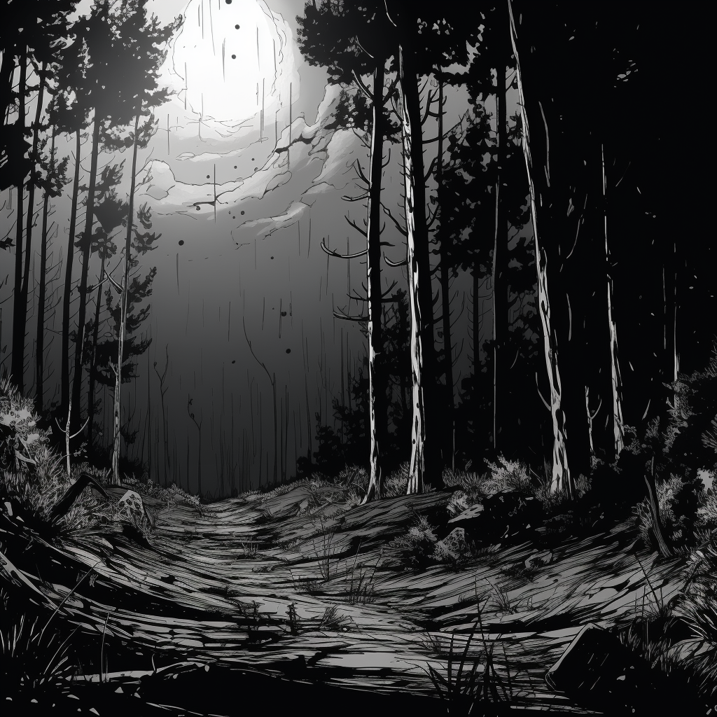 Animatic storyboard background of thick forest at night