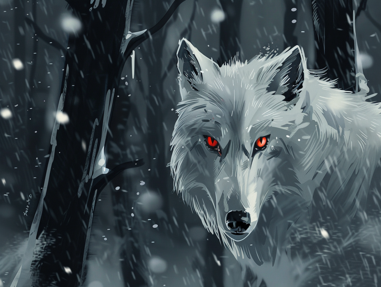 White werewolf in dark forest