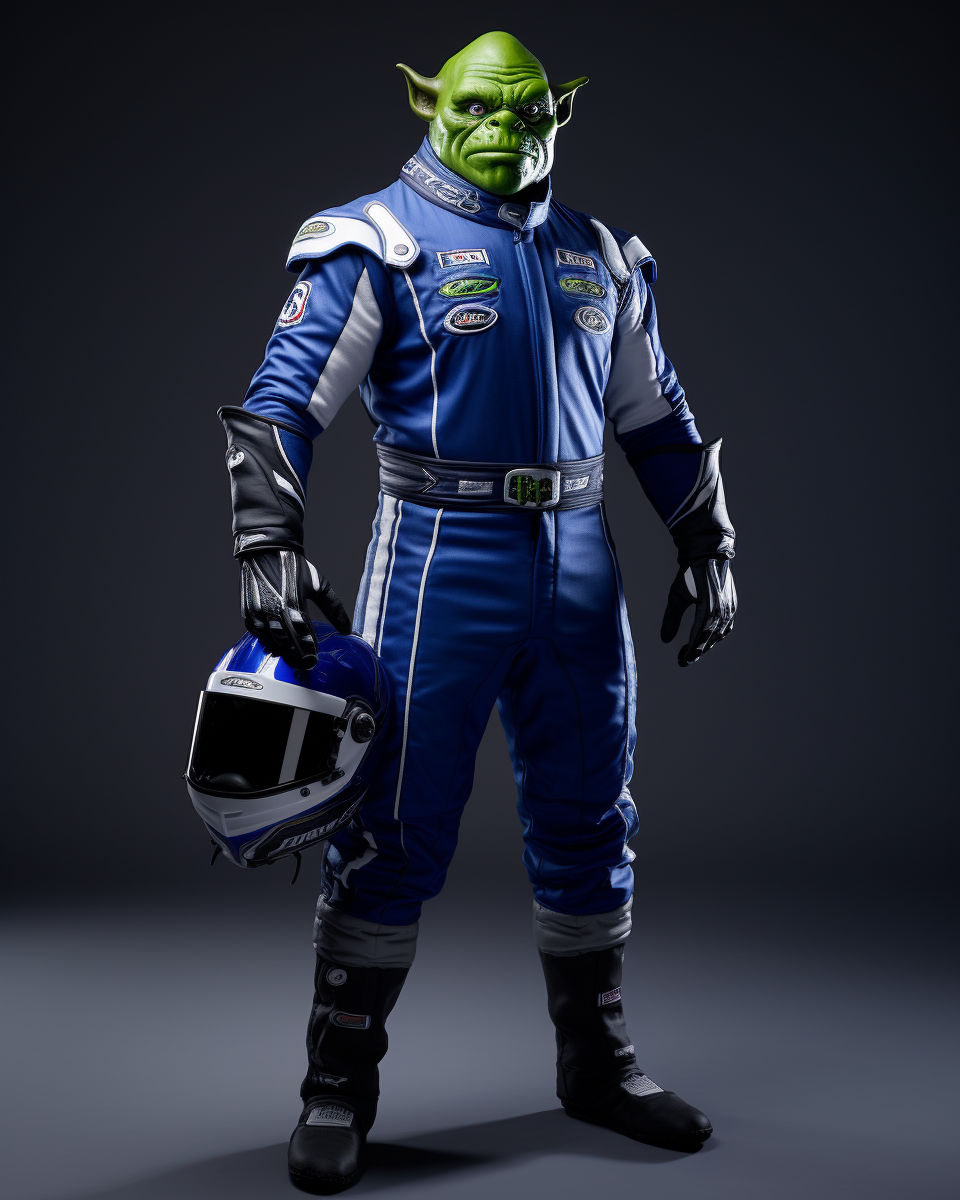 Photorealistic image of dark green Orc in race car uniform