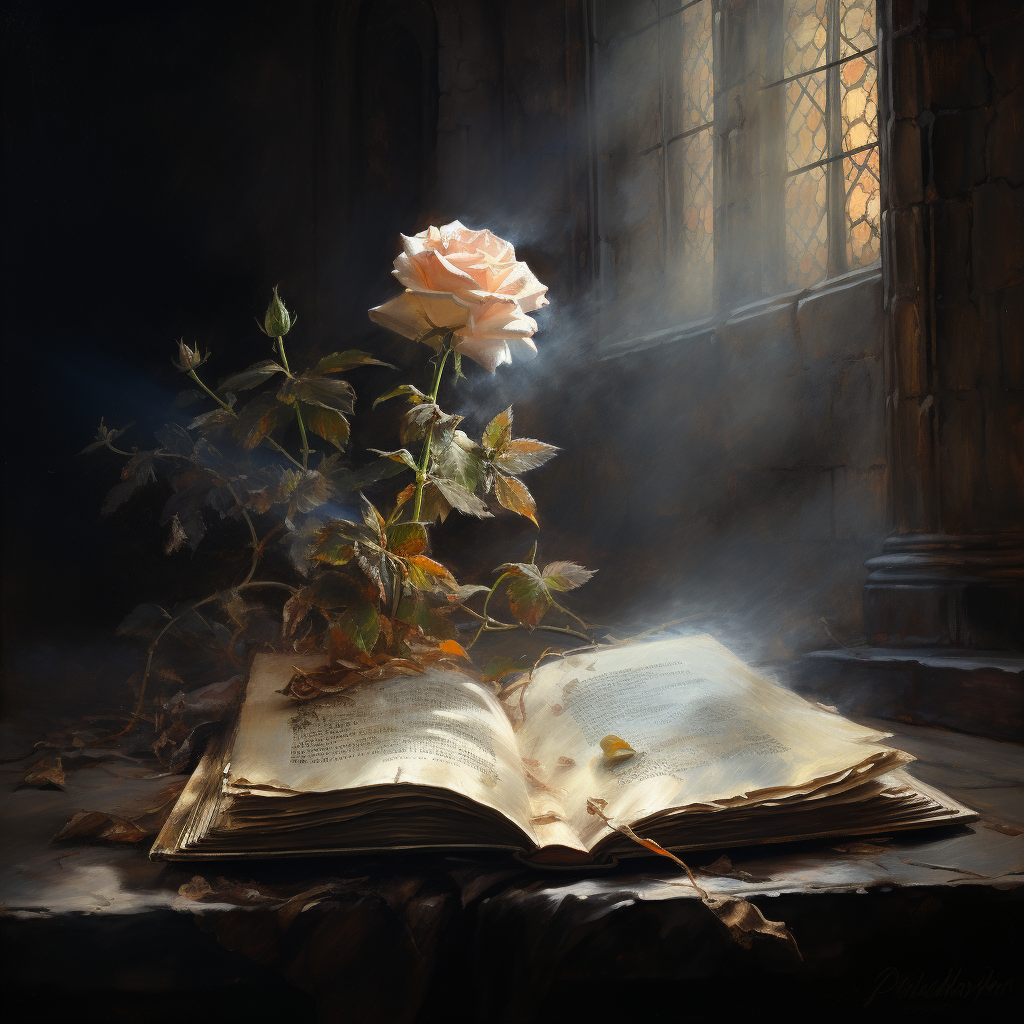 Mystical rose in dusty medieval monastery