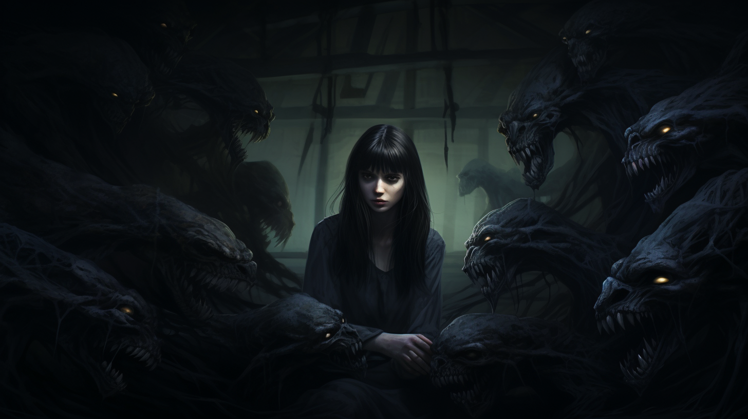 Woman surrounded by menacing monsters