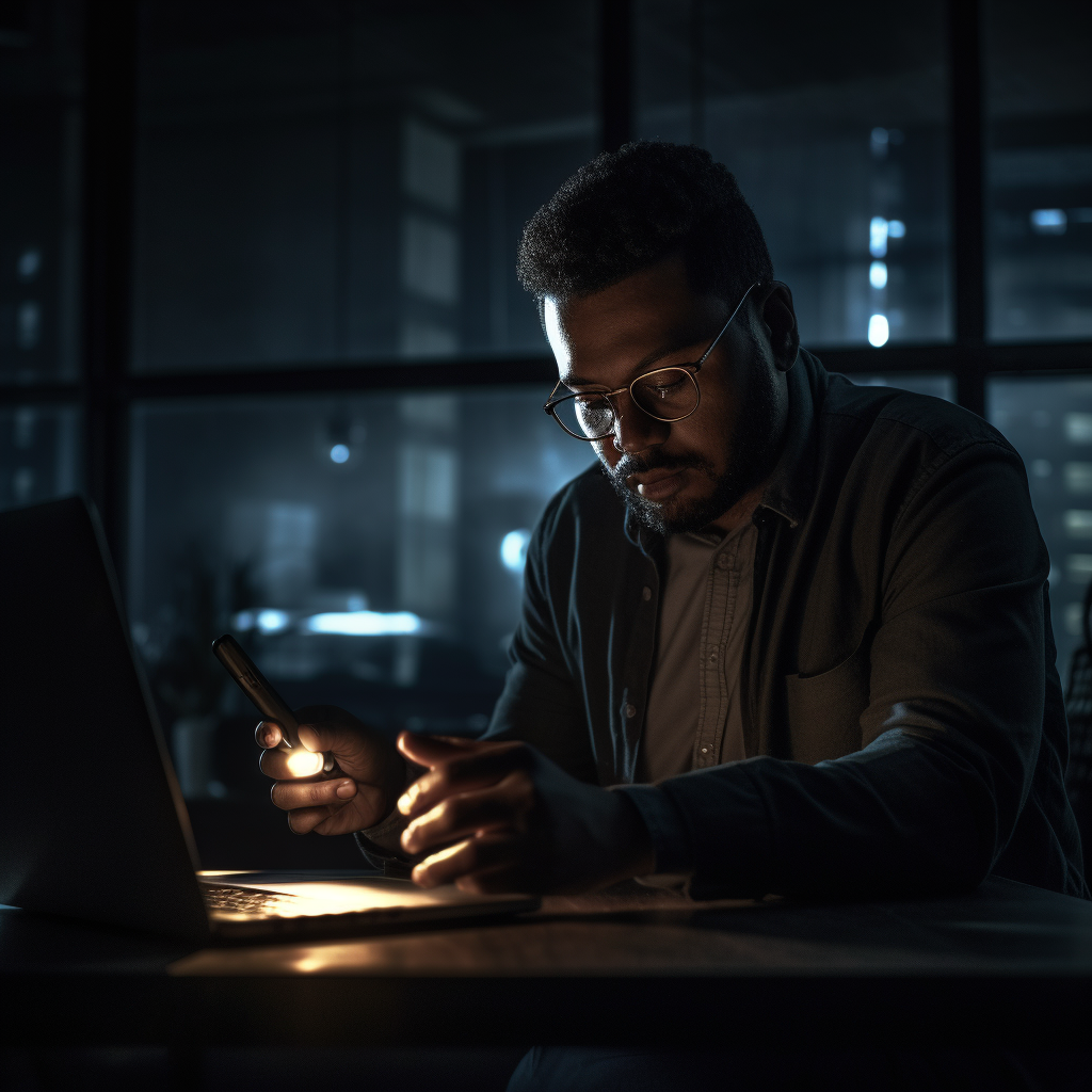 Office employee using laptop with phone torch