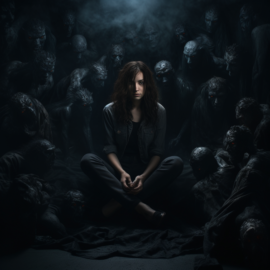 Woman surrounded by menacing figures in a dark place