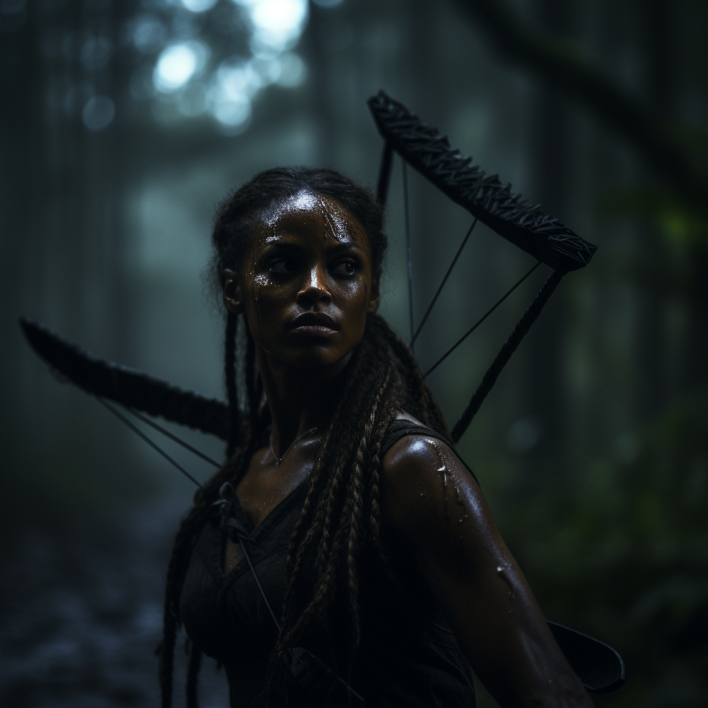 Black woman hunting in mysterious forest