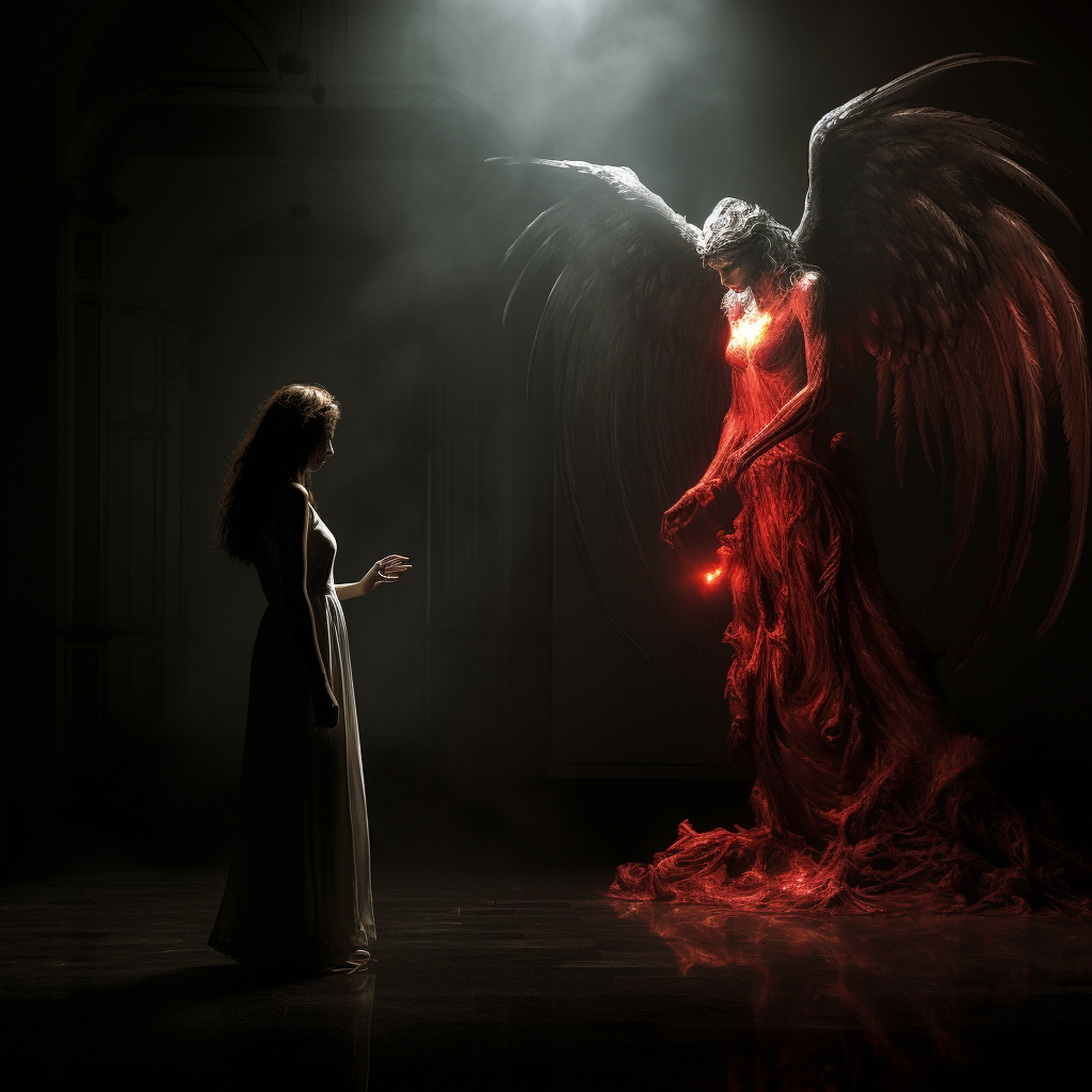 Wise person with angel and demon