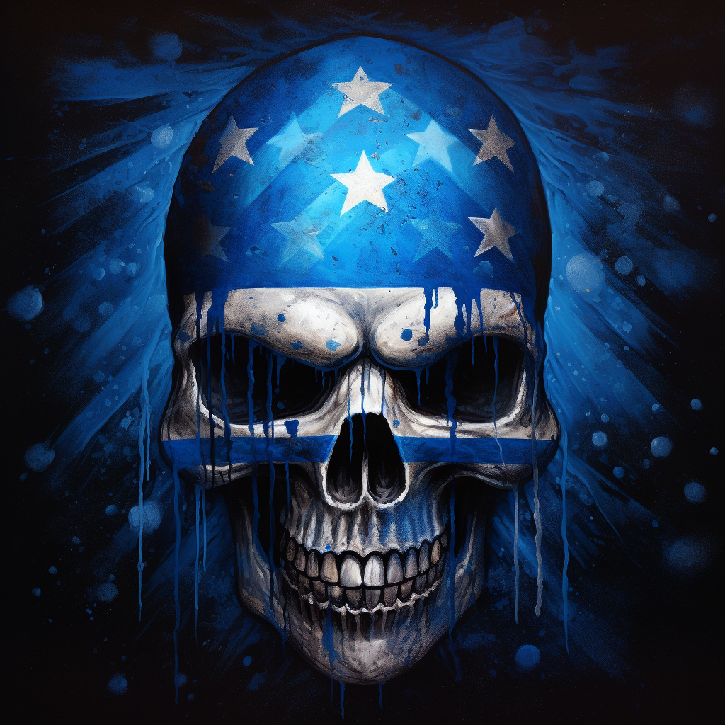 Dark skull with blue police stripe flag