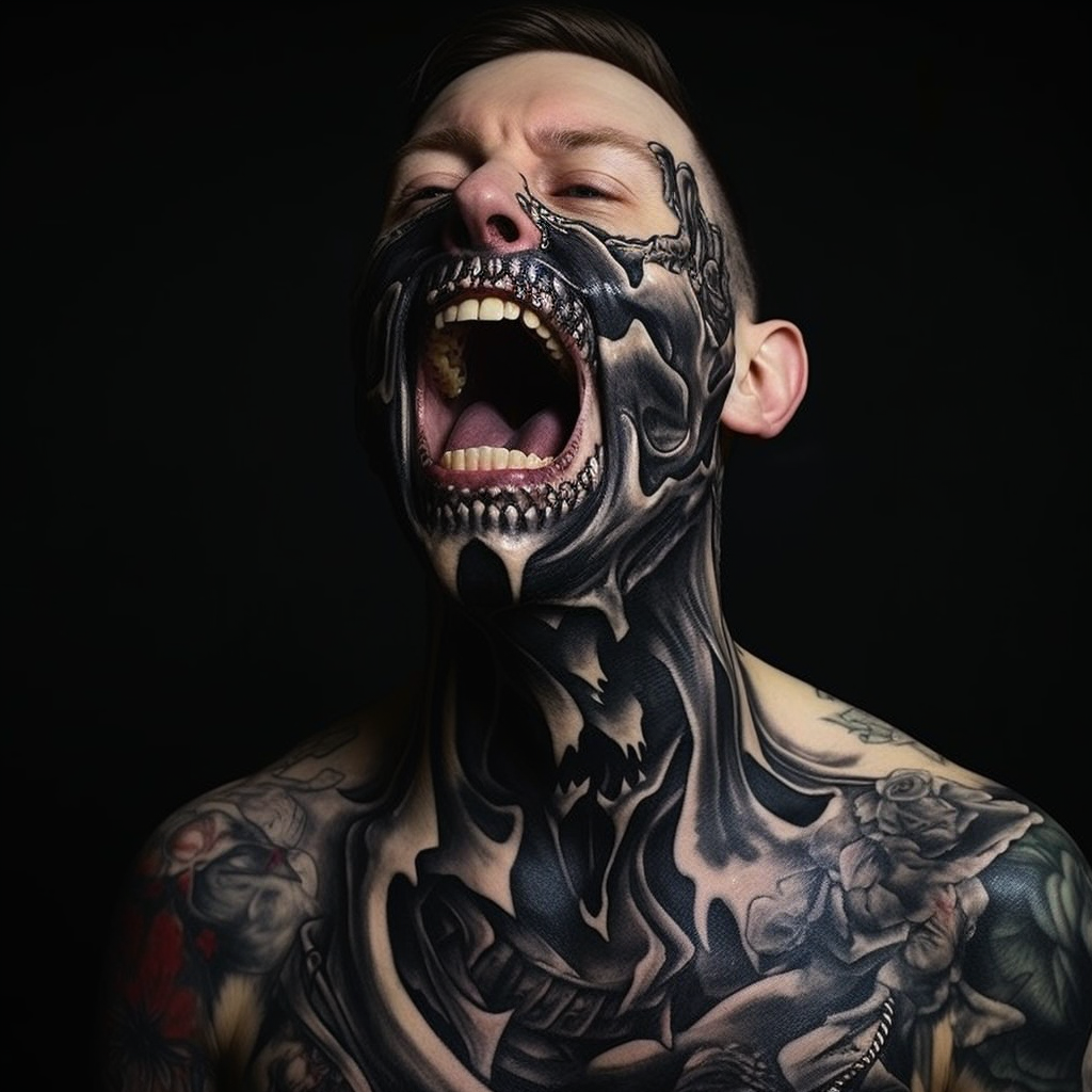 Dark spooky teeth throat tattoo