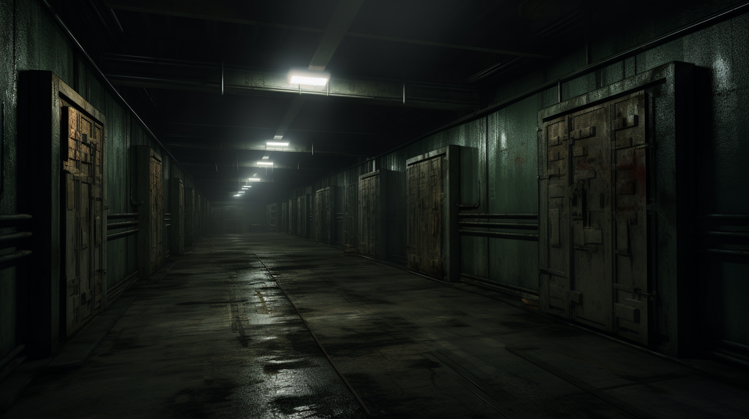 Interior of a creepy storage facility at night