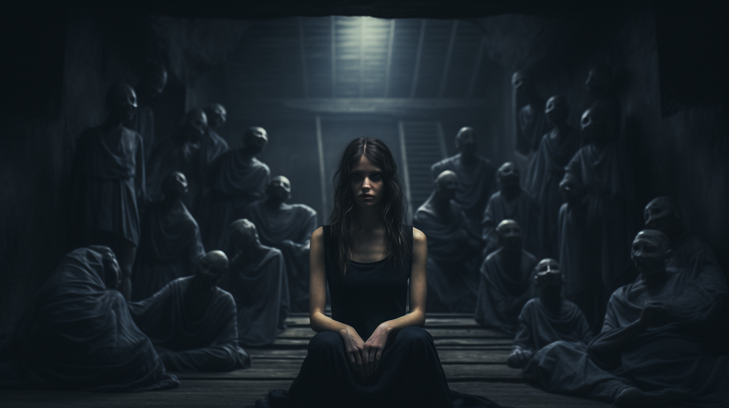 Woman surrounded by dark menacing figures