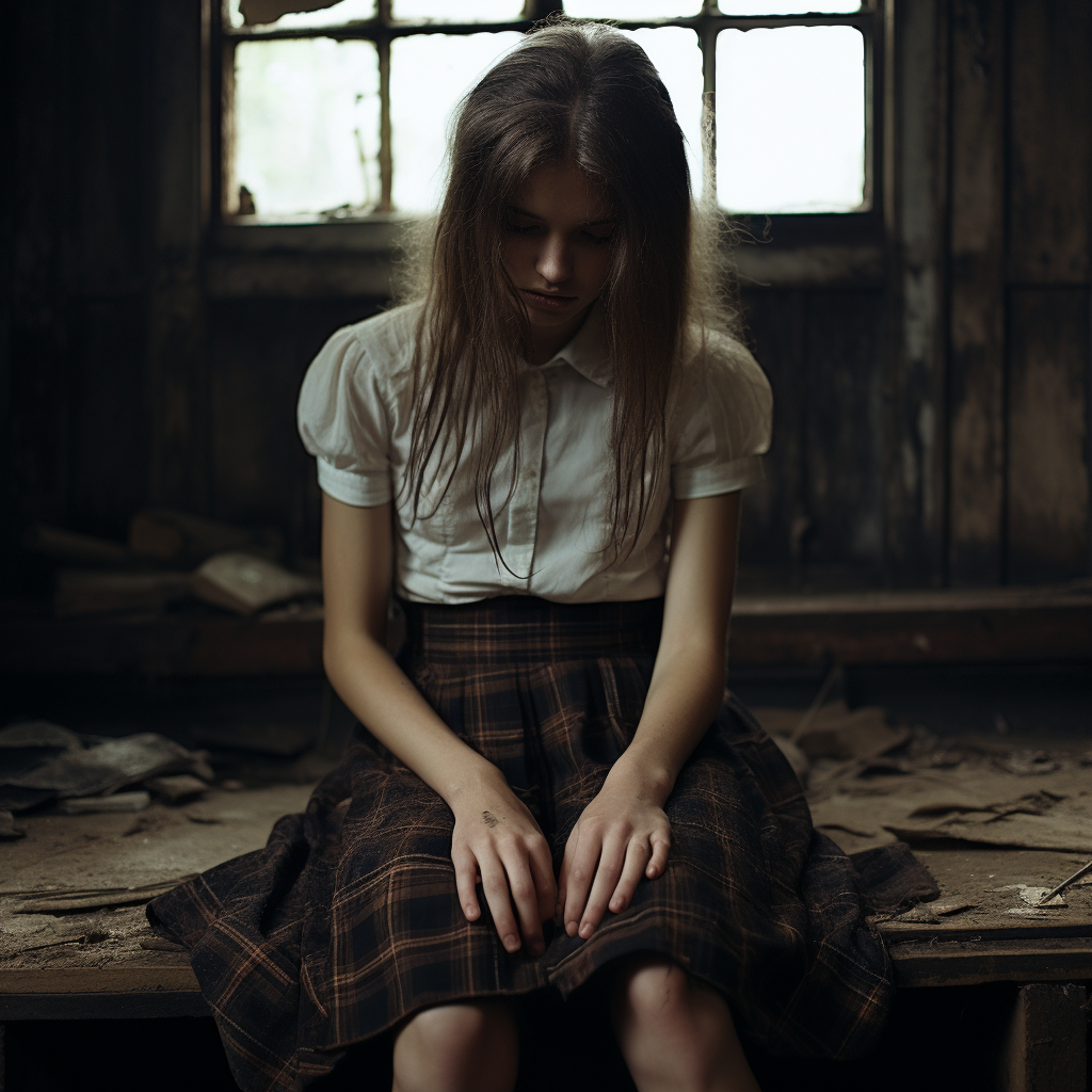 Redhead woman in dark grunge fashion with plaid skirt in dirt