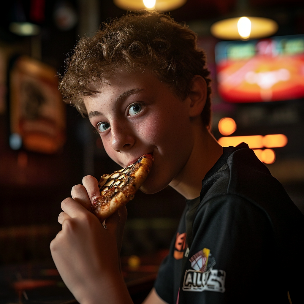 Teenage dart player enjoying a kebab