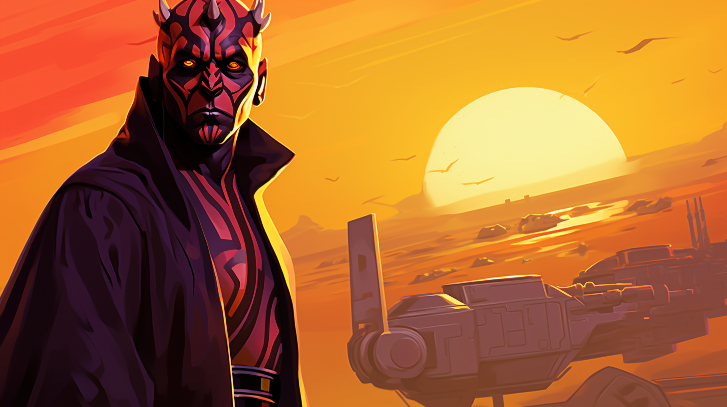 Darth Maul wielding a yellow lightsaber on Tatooine