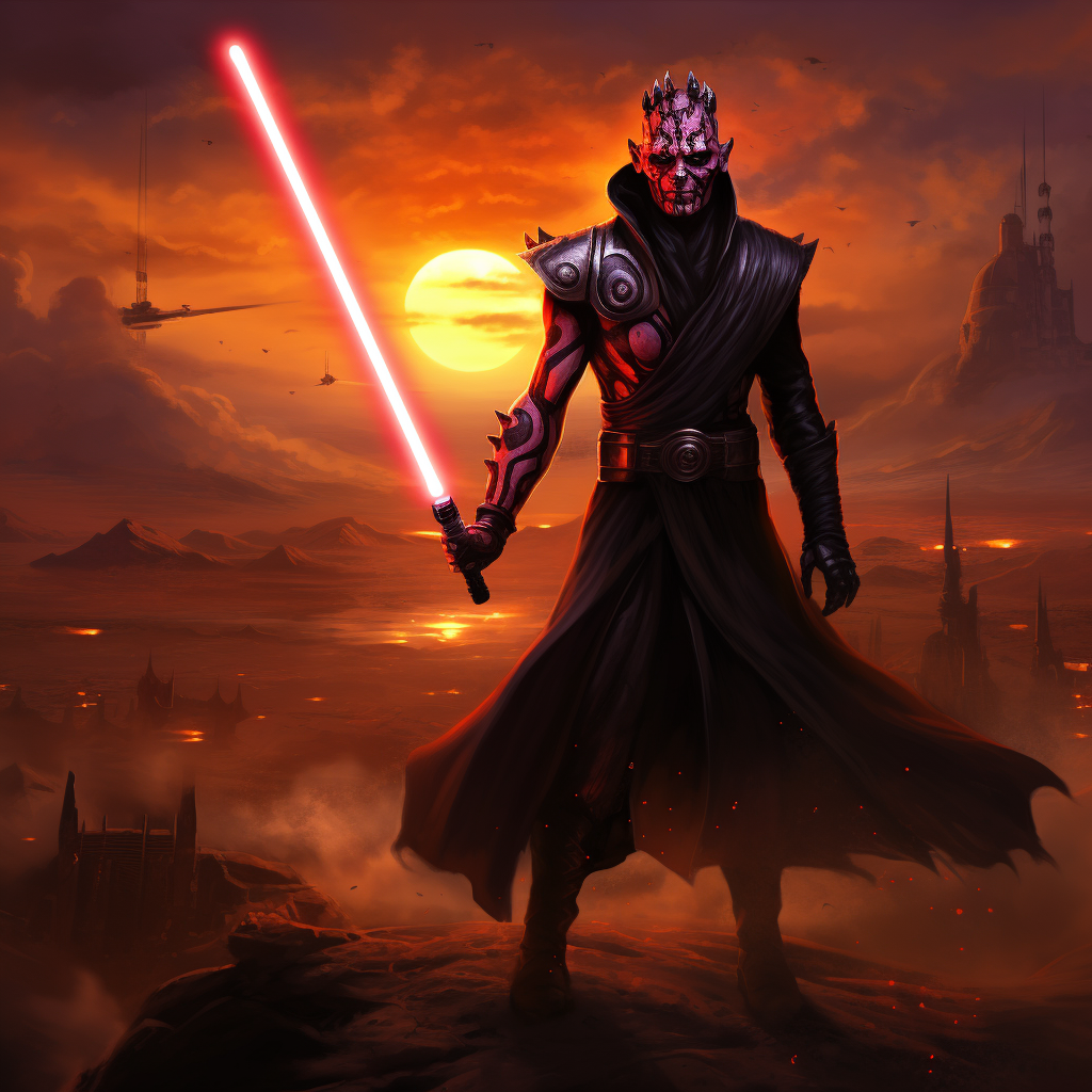 Darth Maul with purple skin fighting a storm trooper