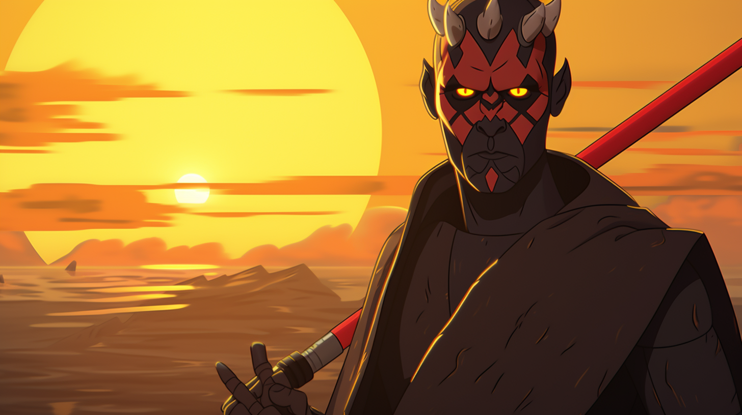 Darth Maul wielding yellow lightsaber on Tatooine