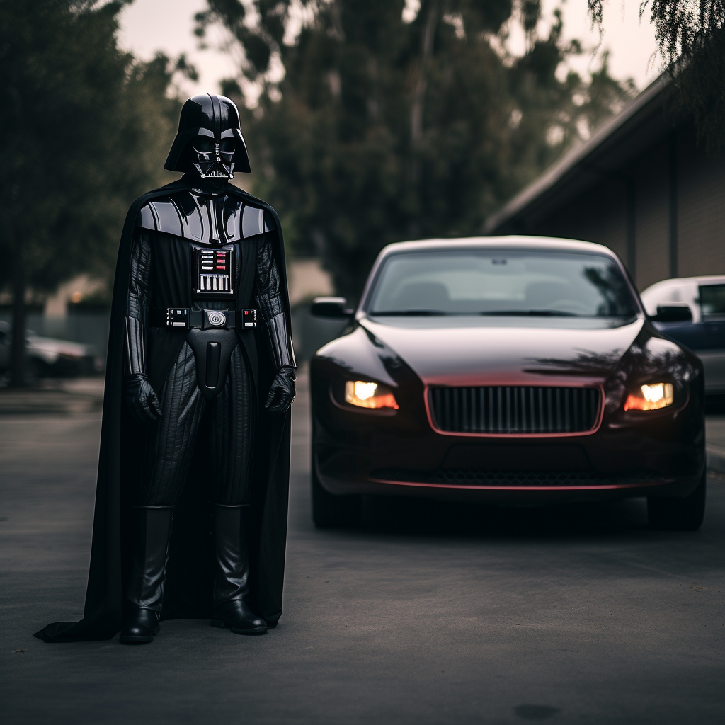 Darth Vader standing next to a black Honda Civic