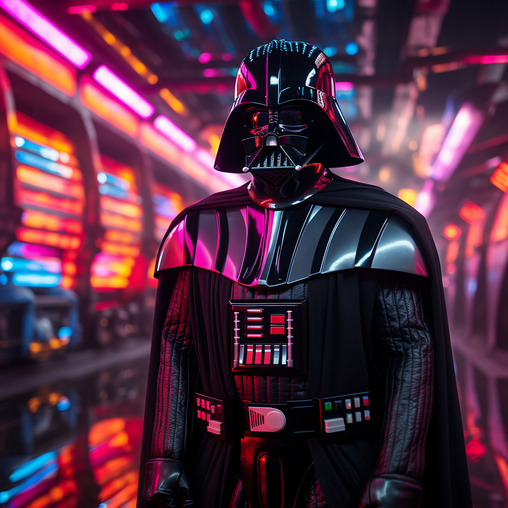 Darth Vader standing in front of neon lights