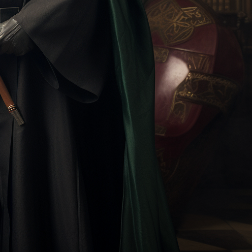 Darth Vader in Hogwarts robes before a Slytherin banner