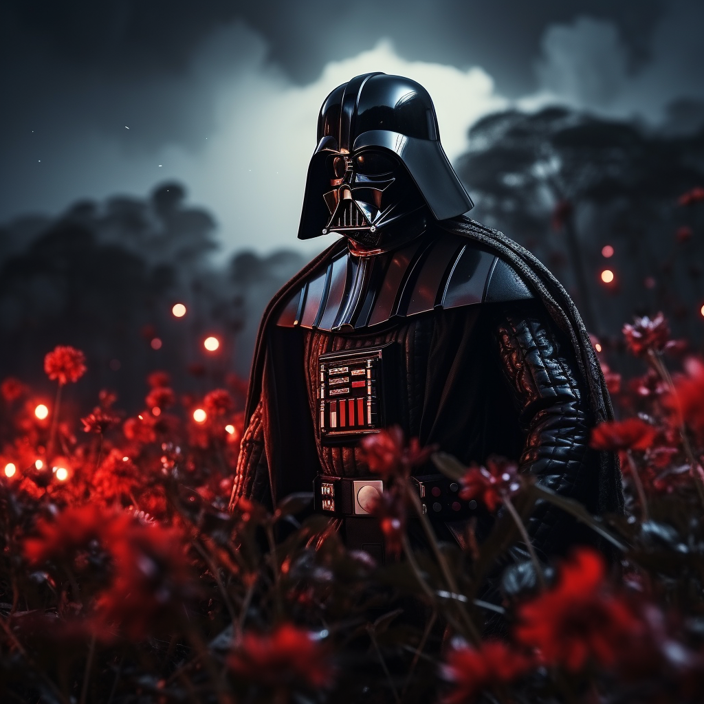 Darth Vader holding red lightsaber in flower field