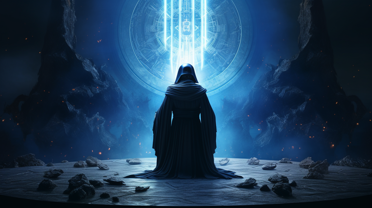 Darth Vader kneeling, Emperor Palpatine walking through portal.