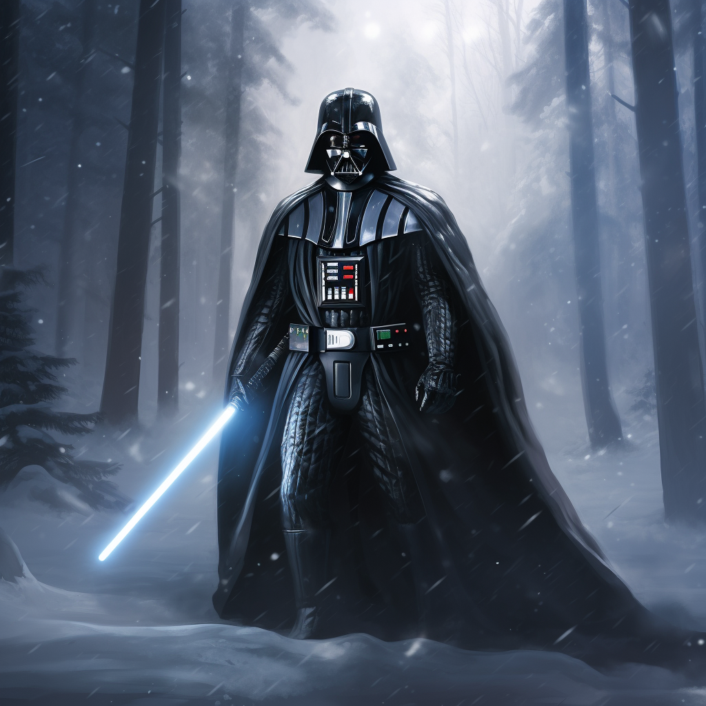 Darth Vader wielding lightsaber in snow