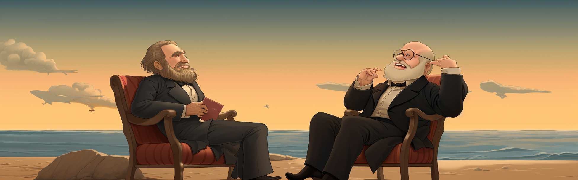 Charles Darwin and Friedrich Nietzsche laughing on a beach