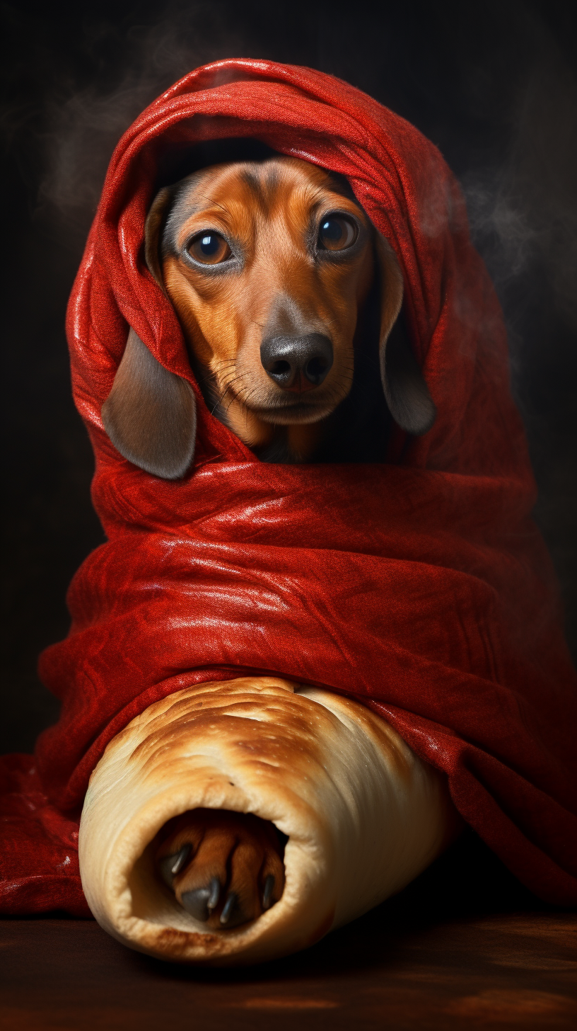 Cute daschund dog in a hotdog roll