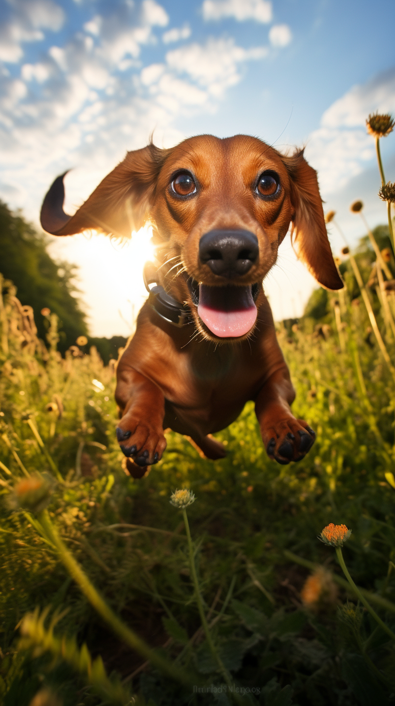 Energetic Daschund Dog Running in a Field