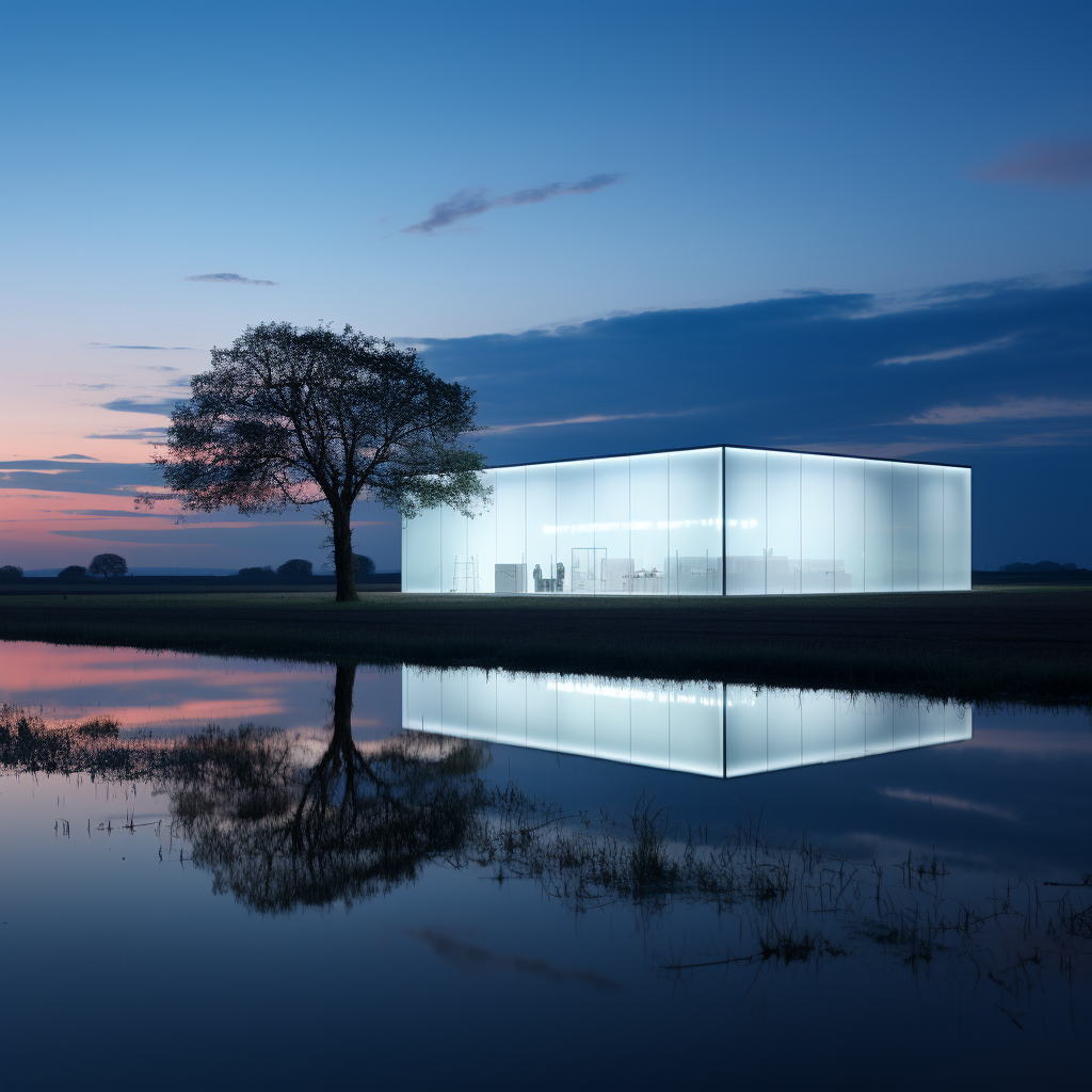 White outlined data center building with glow on blank field