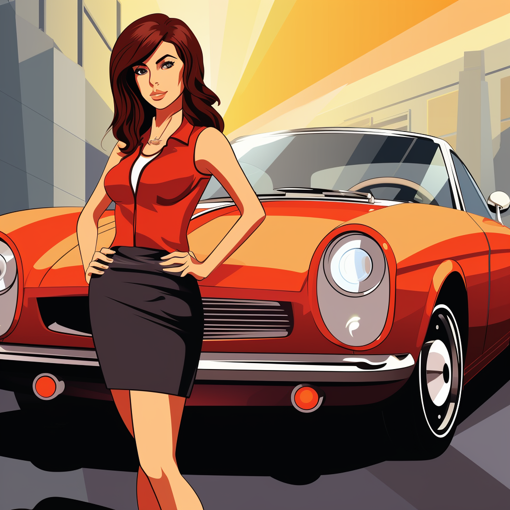 Anime-style Faye standing in front of classic Datsun Z car