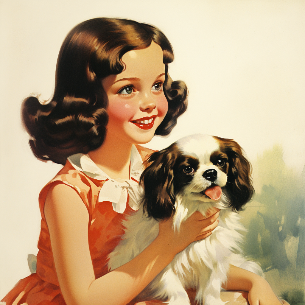 Daughter with Japanese Chin Puppy in Vintage Ad