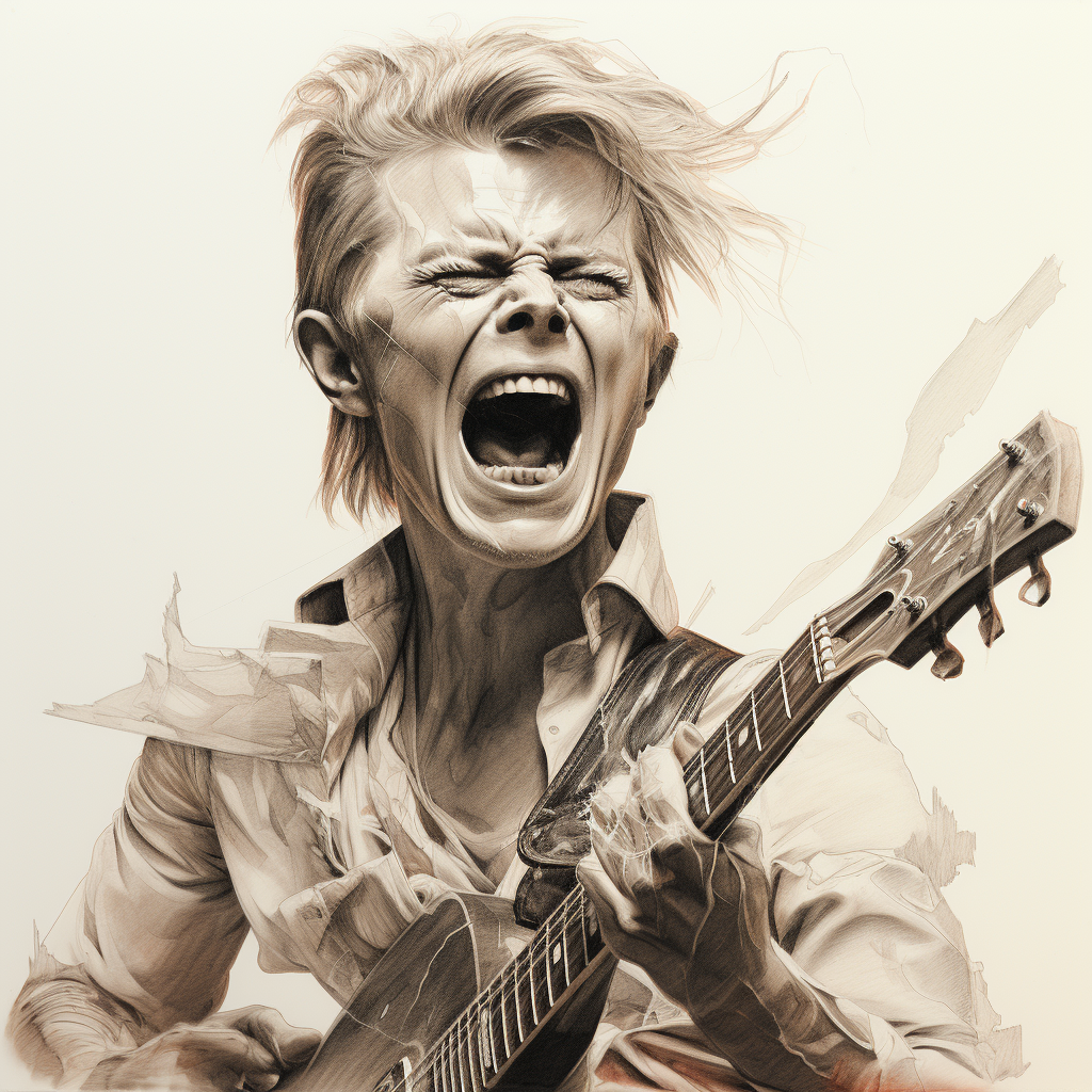 Detailed sketch of David Bowie with a guitar