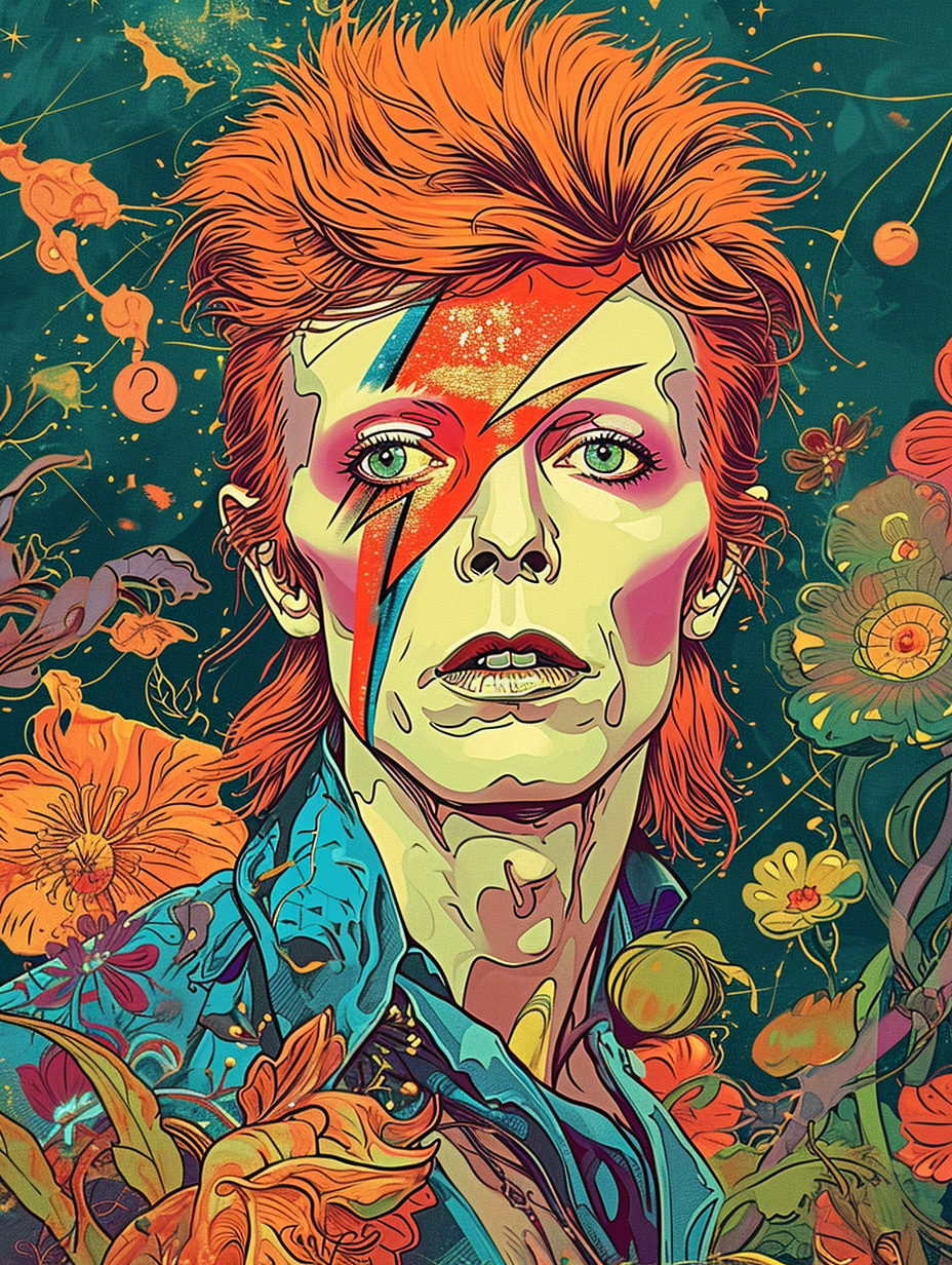 David Bowie psychedelic retro portrait by Martin Sharp and Moebius