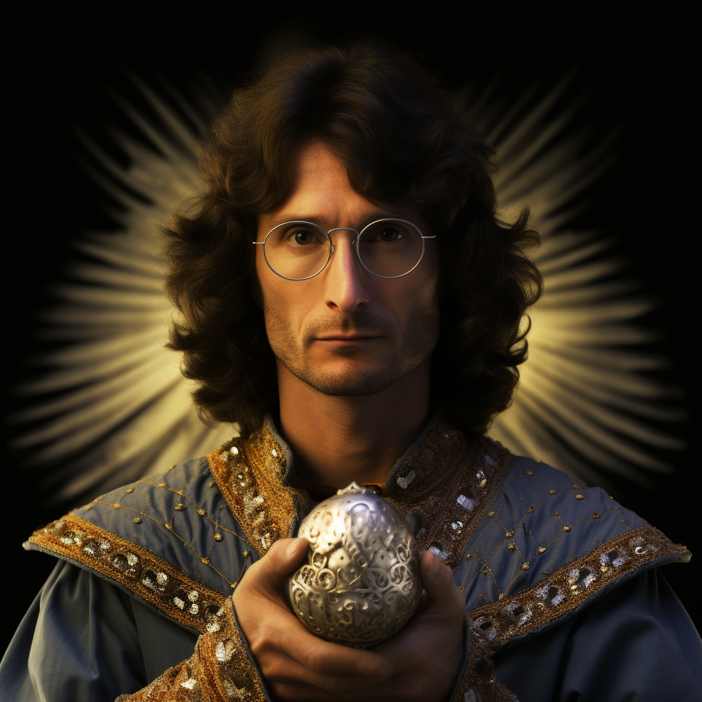 David Koresh holding a goose egg in scale mail armor