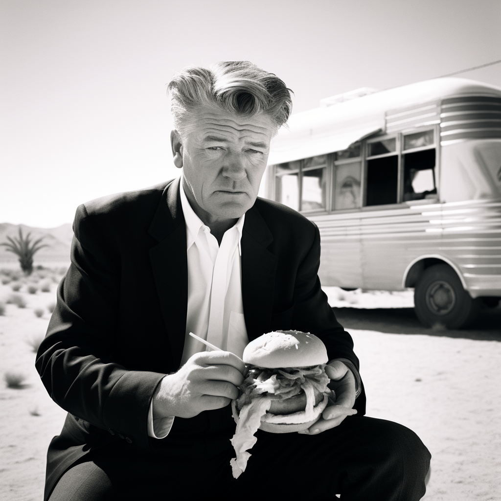 David Lynch enjoying cheeseburger in the desert