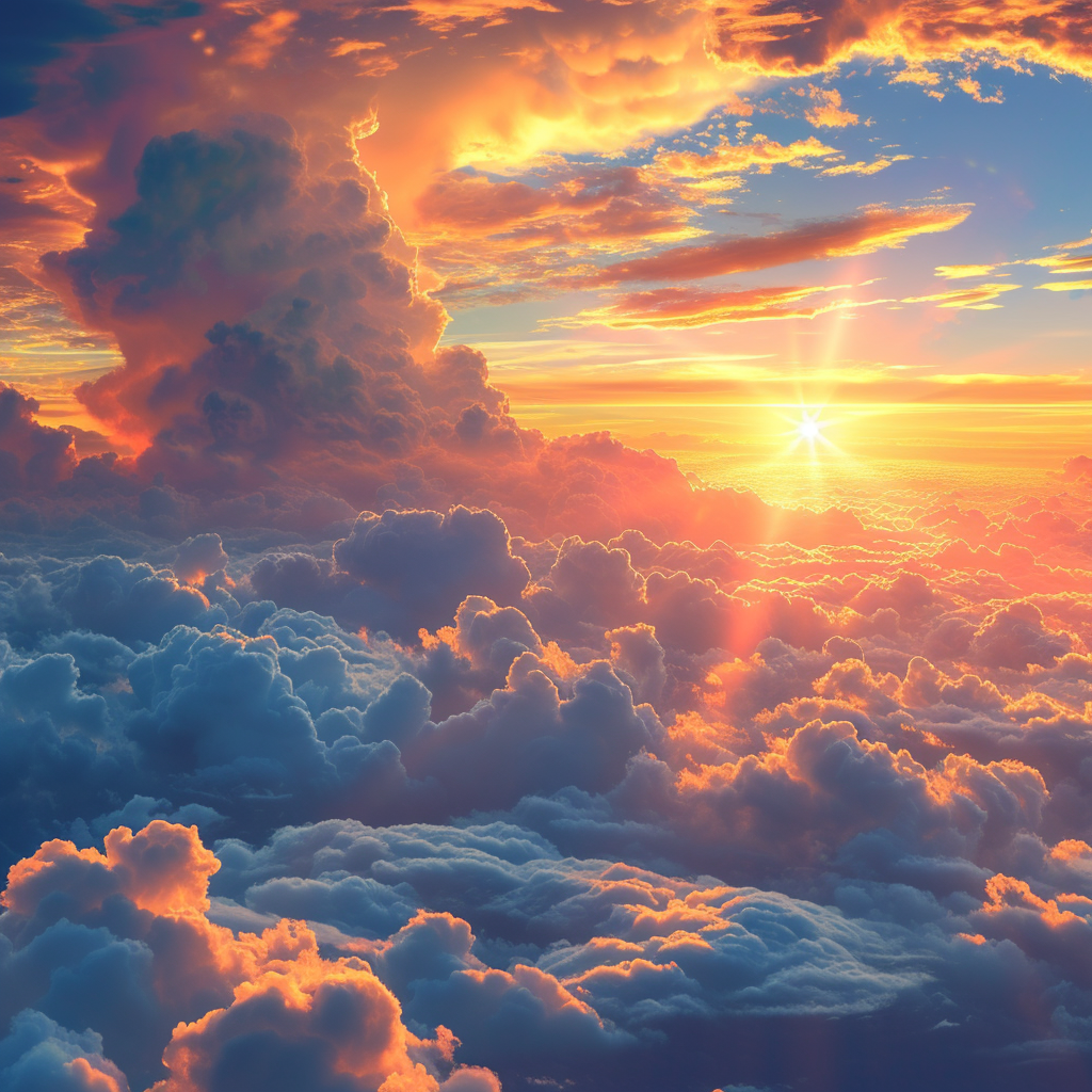 Sunset lighting above towering clouds