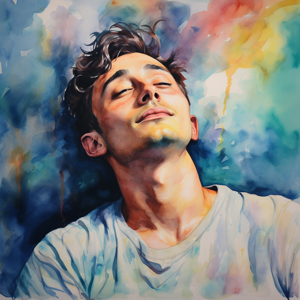 Watercolor portrait of a daydreaming young man